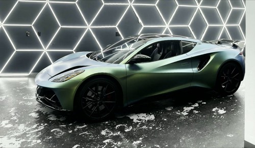 Lotus Emira in satin green under the hex lighting of the Obsidian Wrapz bay